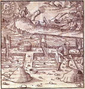 Bitumenhøsting. Georg Bauer Agricola "De Re metallica"" bok fra 1500-tallet. Bibl. fra Vitenskapsmuseet, Milano. av Unknown artist