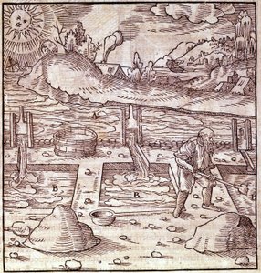 Bitumengjenoppretting. Georg Bauer "" Agricola De Re metallica"" bok fra 1400-tallet. Bibl. ved Vitenskapsmuseet, Milano. av Unknown artist