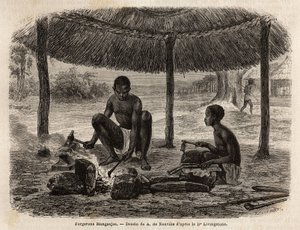 Smedmanganjaer (etnisk gruppe i Zambeze-regionen). Gravering for å illustrere Dr. Livingstones første reiser til Sør-Afrika fra 1840 til 1856, i «Le tour du monde, nouveau journal des voyages»» publisert under ledelse av Edouard Charton av Unknown artist