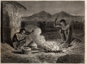 Smeder i Simiango, ved bredden av elven Zambese. Gravering for å illustrere Dr. Livingstones første reiser til Sør-Afrika fra 1840 til 1856, i «Le tour du monde, nouveau journal des voyages»» publisert under ledelse av Edouard Charton av Unknown artist