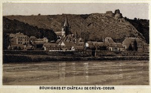 Bouvignes sur Meuse og Chateau de Creve Coeur (Creve-Coeur eller Crevecoeur), Vallonia, Belgia av Unknown artist