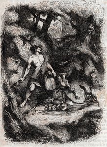 Bradamante terrassee by a giant - engraving of 1851 from “” Furious Roland”” (Orlando furioso) (16th century) by Ludovico Ariosto, known as the Ariosta - Edition translated from Italian by the Count of Tressan and published by Gustave Harvard 1851 av Unknown artist