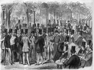 Meglere nær den lille Bourse du Boulevard des Italians i Paris, Frankrike. Gravering i "The Illustrous Universe" av Unknown artist