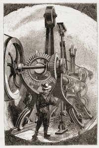 Brunton-maskin for tunnelgraving i myke steiner - i "" The new conquests of science: electricite"" av Louis Figuier, sd av Unknown artist