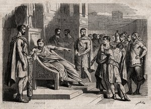 Brutus som dømmer sønnen sin til døden - Brutus (Marcus Junius Brutus, 85-42 f.Kr.) som dømmer sønnene sine til døden - gravering i "" Dictionnaire populaire illustrious" - 1864 - av Joseph Decembre og Edmond Allonier - av Unknown artist