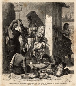 Burmesiske kjøpmenn som selger stoffer og parfymer til laotiske kvinner ved døren til en pagode i Muong Mai. Gravering for å illustrere utforskningsreisen i Indokina, av Francis Garnier, løytnant de Vaissseau, i 1866-1868, publisert i "" Le tour du mond av Unknown artist