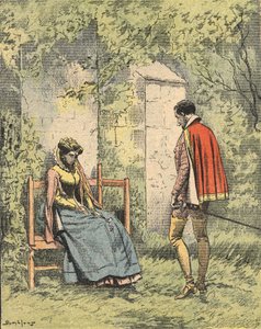 Bussy og Diane, kjent som Madame de Monsoreau, i hagen klar til kirken., Illustrasjon av romanen "La Dame de Monsoreau" av Alexandre Dumas i "Journal des novels populaires illustrés" av Unknown artist
