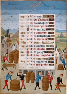 Kalender: August - Produksjon av vintønner - Miniatyr av Mester Jean de Rolin (1400-tallet) fra "The Hours of Adelaide of Savoy, Duchess of Burgundy" 1460-1465 Chantilly, Musee Conde av Unknown artist