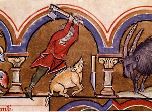 Kalender: november. Grisene slaktes. Detalj av en miniatyr hentet fra "" The Psalter of Saint Elizabeth""" Cividale fra 1200-tallet, Museo Archeologico av Unknown artist
