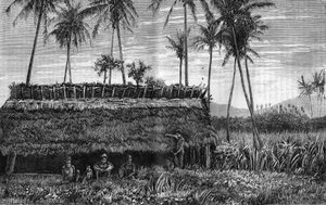 Canaques of New Caledonia (New Caledonia) foran en boks eller et møtehus. Gravering i "" La Nature"" av Unknown artist