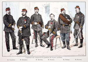 Kapteiner for de mobiliserte fredsbevarende kompaniene, fra venstre til høyre: Mr.Toquenne, Mr.Rousseau, Mr.Mennier, Mr.Rochut, Mr.Thomas, Mr.Blavier. Etsning i farger, for illustrasjon ""History of the Corps of Peacekeepers""" bok utgitt under av Unknown artist