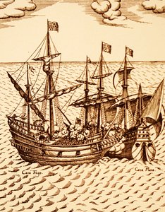 Fangst av den spanske galjonen Cagafuego av Golden Hind ledet av Francis Drake i mars 1579 (gravering) av Unknown artist