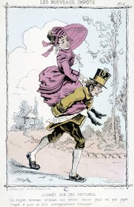 Bilavgift: "" en ny måte for små damer å la være å betale skatt og å bli med fordel lagt merke til"" - karikatur på "" nye avgifter"" av Unknown artist