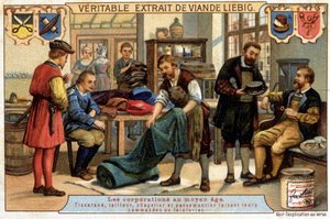 Karrierer i middelalderen: vever, skredder, hattemaker og pastermaker bestiller renseriet - chromo Liebig av Unknown artist