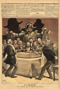 Karikaturillustrasjon "" la galette"", om kongefesten, hvor bankmannen skjærer kaken, alle falt til å ha en andel og fant i stedet for en feve gendarmen. Gravering i "" Le petit journal"" 7/01/1893. Selvas samling. av Unknown artist
