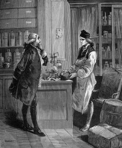 Carl William (Guillaume) Scheele (1742 -1788), Swedish chemist in his laboratory with Tobern Bergmann 1735-1784 chemist. av Unknown artist