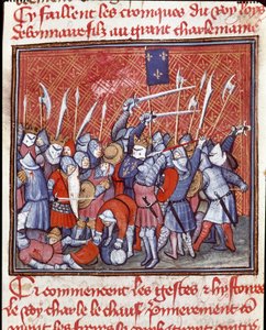 Karolingisk dynasti: "" Karolingisk konge Charles II sier den skallede (823-877) under et slag""" Miniatyr hentet fra "" Les grandes Chronicles de France""" Chantilly fra 1300-tallet, Musee Conde av Unknown artist