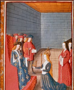 Karolingisk dynasti: "" Den karolingiske kongen Charles II sier at den skallete (823-877) tar hodet av det vestlige imperiet ved døden til sin far Ludvig den fromme i 840"" Miniatyr hentet fra "" Les grandes Chronicles de France""" 1400-tallet Torino, nasj av Unknown artist