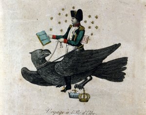 Tegneserie om Napoleon om hans eksil på Elba-øya. Napoleon på en ørn holder i høyre hånd en bok med tittelen Militær verneplikt. Gravering av perioden. av Unknown artist