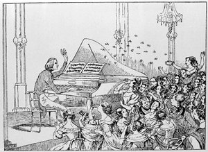 Tegneserie av Franz Liszts triumf på en konsert i Berlin i 1842.