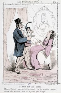 Katteskatt: "" Madame Papinard! Samle alt ditt mot. Jeg gjorde katten din utstoppet, så vi betaler i det minste ikke skatt”” - karikatur av Unknown artist