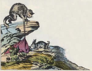 Cat traps a rabbit. Illustration of the tale “The cat botte” by Charles Perrault av Unknown artist
