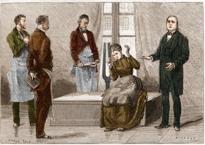 Katalepsi produsert under påvirkning av lyd (Diapason). Den franske nevrologen Jean Martin Charcot (1825-1893) (til høyre) demonstrerer hypnose på en pasient på sykehuset i Salpetriere. Illustrasjon hentet fra "" Nature"" 1879 av Unknown artist