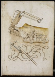 Catapult and Hook System - Manuskript: pergamentark av en ingeniørhåndbok for bygging av sivile, religiøse og militære bygninger, anonymt, sent på 1400-tallet (figur med kinesisk blekk) av Unknown artist