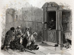 Katolske utøvere i bønn, mottar vanlig bot, pisk administrert av en prest fra standen. Gravering for å illustrere historien om Den hellige uke i Roma, i 1863, av Ludovic Celler, i «Le tour du monde, nouveau journal des voyages»» publis. av Unknown artist