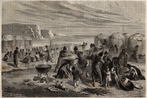 Cauda-yoli (cauda yoli), den årlige turcomanske religiøse festen, for å be om Guds beskyttelse for familien og betailen, organisert av en familie, som for anledningen kan ofre rundt femten sauer, og som hele samfunnet er invitert til. Engravin av Unknown artist