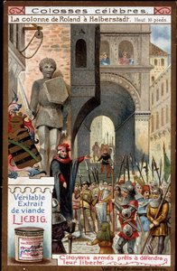 Celebres: Rolands kolonne (høyde 16 fot) i Halberstadt (Tyskland); borgere bevæpnet for å forsvare sin frihet - Liebig-kromolitografi av Unknown artist