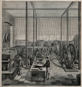 Celluloid: produksjon av celluloid. Gravering fra 1885 i "" Les arts et metiers illustres"" av Adolphe BITARD. av Unknown artist