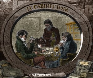 Sensur på 1800-tallet: Under det gamle regimet kalles tjenesten "Black Cabinet", som er ansvarlig for å undersøke privat korrespondanse av sikkerhetsmessige årsaker. Gravering av 1800-tallet. av Unknown artist