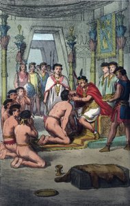 Ceremony (Ceremony) in the Inca Capital of Cuzco: Manco Capac (Ayar Manco) confers distinction on the Princes of the Blood by piercing their ears - engraving from “Usi e Costumi di Tutti i i Popoli dell