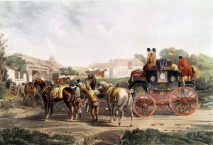 Skifte av feste på vertshuset under reise med buss. Engelsk gravering. Privat samling fra 1800-tallet av Unknown artist
