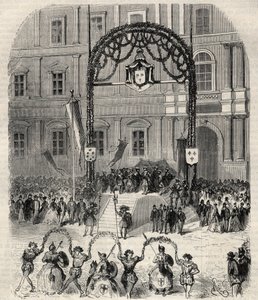 Veldedighetsfester i Marseille til minne om ankomsten til Francois I hvor han møtte pave Clemens VII: farandole dansee place saint Ferreol (Saint-Ferreol) foran tribunen til kong Francois I. Gravering i "" L