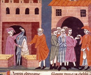 Veldedighet i middelalderen: "" offentlig bistand"". Scene for veldedighet og hjelp til de fattige. Miniatyr av den florentinske skolen hentet fra den italienske oversettelsen av "Pater noster" av den florentinske notaren Ser Zucchero Bencivenni, begynnels av Unknown artist