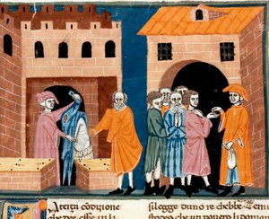 Veldedighet i middelalderen: "" offentlig bistand"". Scene for veldedighet og hjelp til de fattige. Miniatyr av den florentinske skolen hentet fra den italienske oversettelsen av "Pater noster" av den florentinske notaren Ser Zucchero Bencivenni, begynnels av Unknown artist