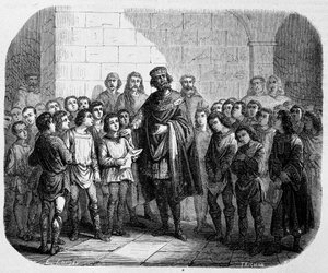 Karl den Store besøker en skole - i "" Historien om paver, konger, dronninger, keisere gjennom århundrene" av Maurice Lachatre av Unknown artist