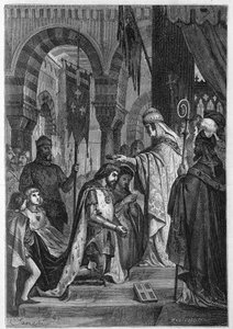 Karl I av Anjou (Karl I av Sicilia) (1226-1285) ble investert i kongeriket Sicilia 28.06.1265 av pave Clemens IV (v. 1195-1268). av Unknown artist