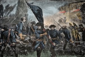 Karl XII av Sverige i kamp - Den store nordkrigen (1700-1721): Kong Charles XII (Carl) av Sverige (1682-1728) i slaget ved Poltava (Pultawa, Ukraina), i 1709 mot våpnene til Peter I av Russland , kalt den store (1672-1725) av Unknown artist