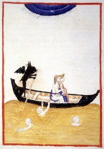 Charon (Caron) får Dante og Virgil Acheron til å krysse elven av underverdenen - i "Den guddommelige komedie"" av Dante Alighieri, miniatyr av et manuskript fra 1300-tallet, Bibl. Municipal de Rimini. av Unknown artist