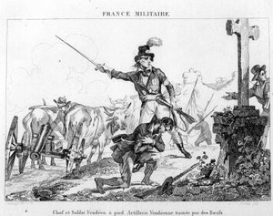 Høvding og soldat til fots. Vendesartilleri dratt av okser. Gravering fra 1800-tallet. av Unknown artist