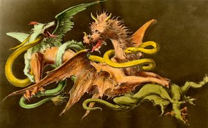 Chimeres En drage som kjemper mot to monstre. Gravering fra 1800-tallet. av Unknown artist