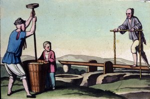 Kina, til venstre avskallingen av ris og til høyre reguleringen av vann til stiklingene - i "The Old and Modern Costume" av Jules Ferrario av Unknown artist