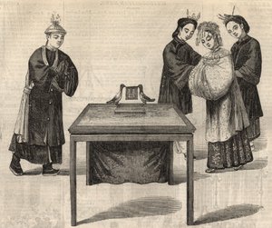 Kinesisk skikk: signering av en ekteskapskontrakt. Et nettbrett med navnene til de to ektefellene legges på et bord med to duer. Gravering i ""The Illustrated London News"" av 14. februar 1857. av Unknown artist