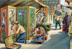 Kinesiske plumassiers som jobber på gaten: de lager paneler eller skjermer ved å bruke en nål og fjær. Kromolitografi fra 1800-tallet av Unknown artist