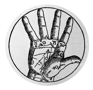 Chiromanti og spådomsprediksjon: representasjon av de forskjellige linjene i hånden som tillater tolkning av personligheten. Gravering fra 1600-tallet av Unknown artist