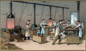 Chocolate making. Cocoa Torrefaction Room. Chromolithography of the late 19th century av Unknown artist