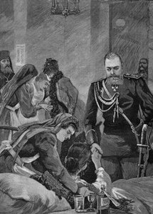Kolera i Russland i 1892: Alexander III, keiser av Russland og hans kone Maria Feodorovna, keiser av Russland besøker et sykehus. Gravering fra 1892. av Unknown artist